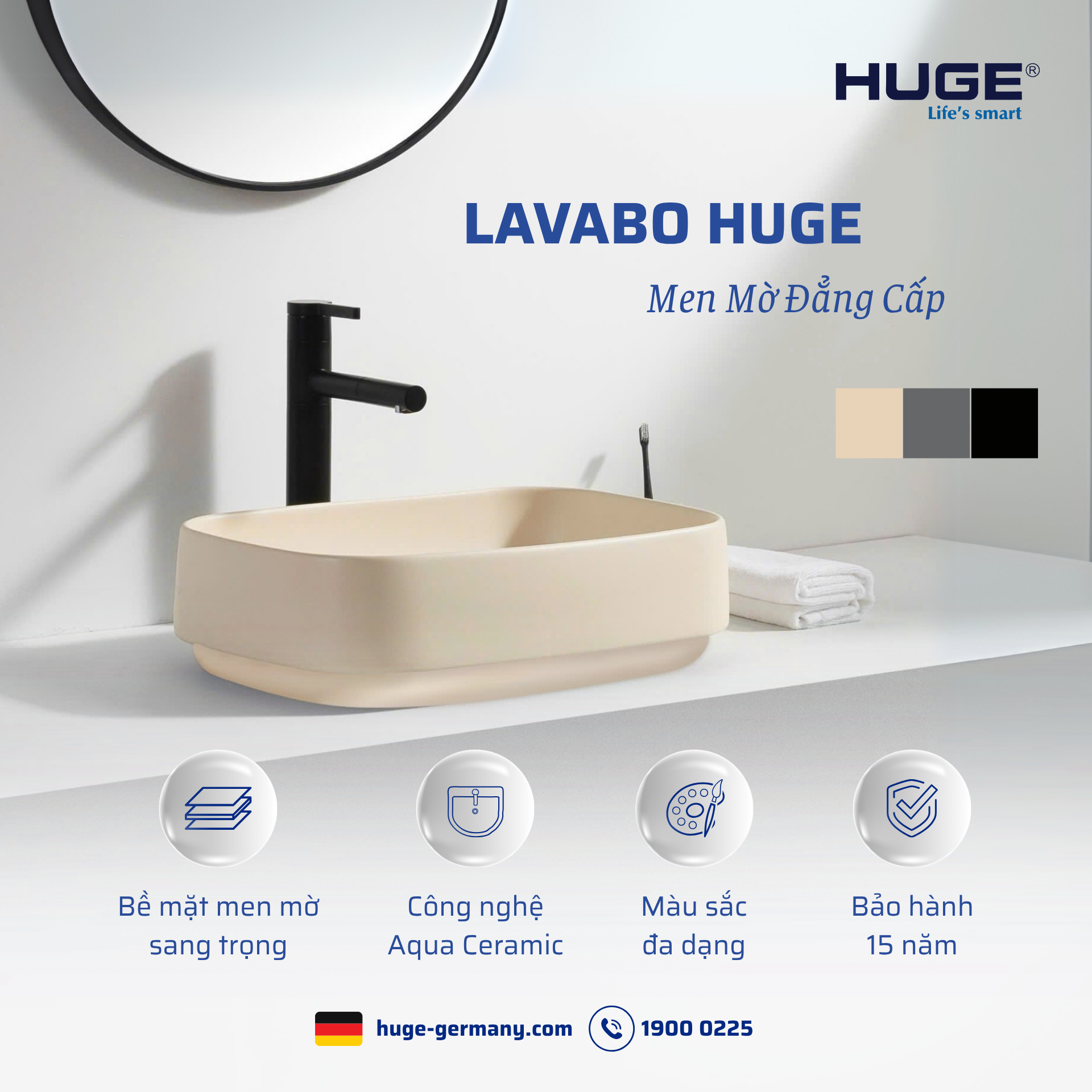 Sản phẩm Lavabo men mờ với công nghệ Aqua Ceramic từ HUGE. Sản phẩm Lavabo men mờ với công nghệ Aqua Ceramic từ HUGE.